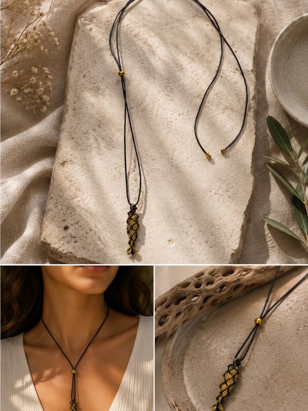 New mayamar Gold and Black Woven Pendant Necklace with fish - Women Jewelry - Picture 1 of 2